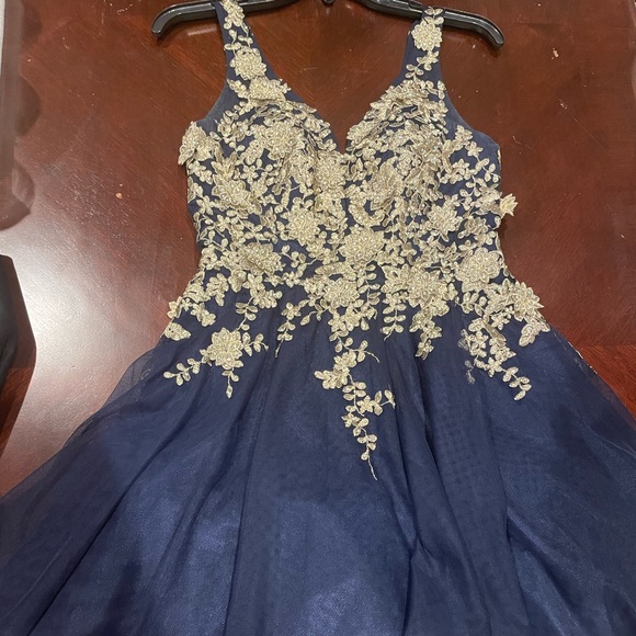 slim fit dress slacks Spaghetti Straps Blue Tulle Tea Length Homecoming Dress with Stars UQ2 –  cherishgirls main image 1